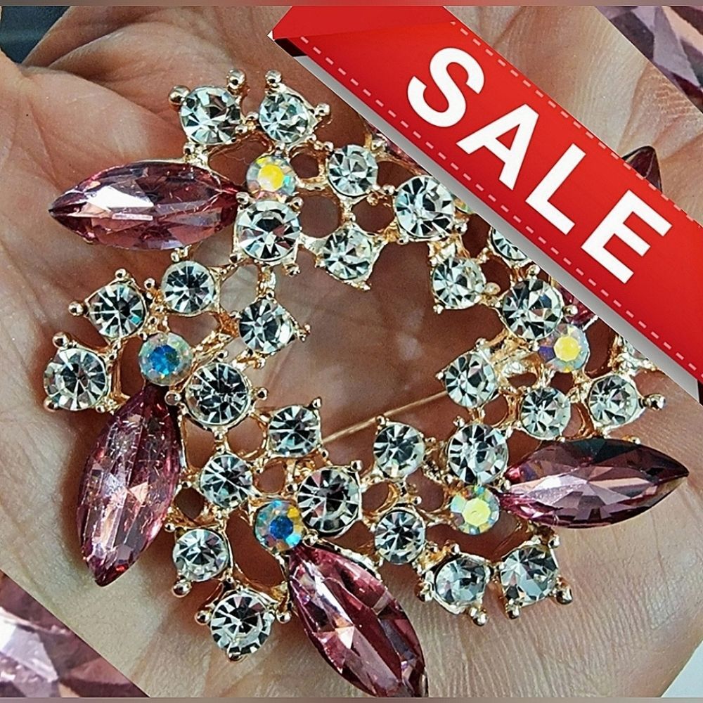 #Vintage #Rose Pink Marquis + Clear Rhinestone Round Floral #Brooch Pin